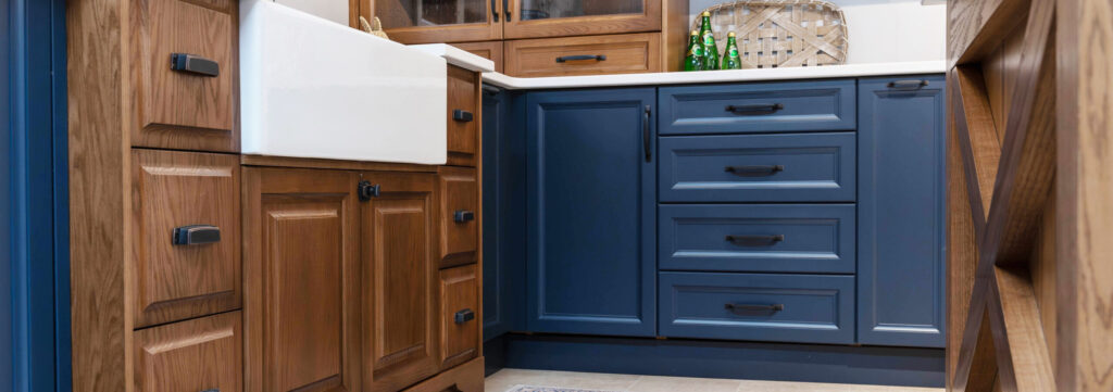 Blue and wood grain kitchen cabinets