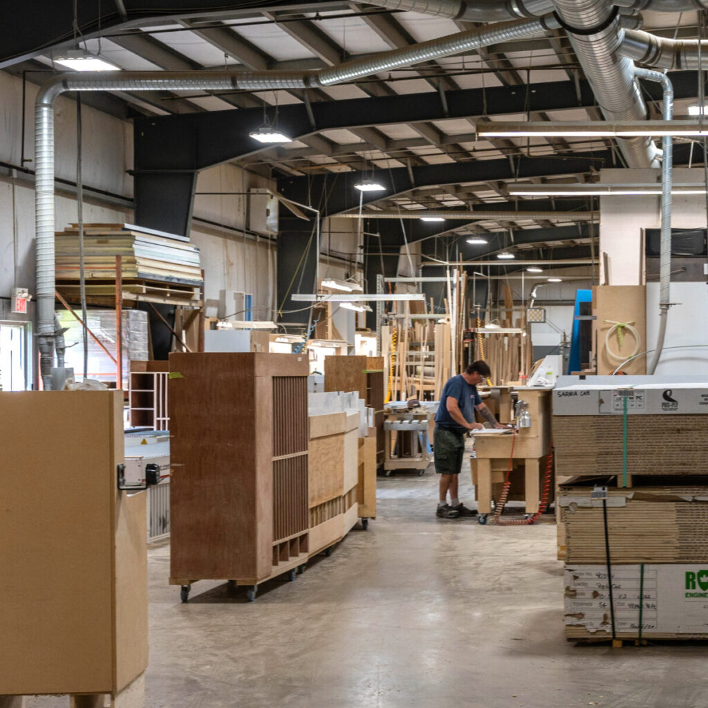Production facility at Sarnia Cabinets in Sarnia, Ontario, where bathrooms, kitchens and shelving projects come to life.